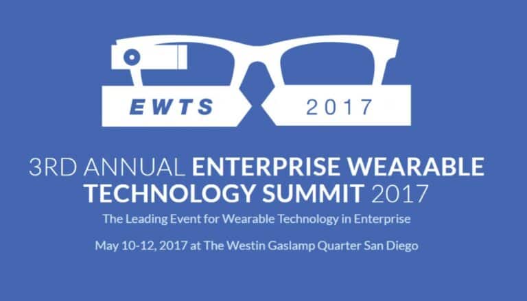 Logo and event details for the 3rd Annual Enterprise Wearable Technology Summit 2017 taking place on May 10-12, 2017 at The Westin Gaslamp Quarter San Diego.