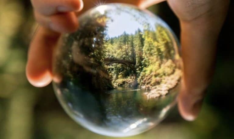 A crystal ball reflecting a lush, forested landscape with a bridge over a stream or river
