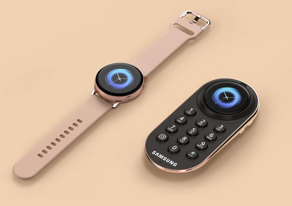 Two Samsung smartwatches with round displays and a matching remote control device on a beige background