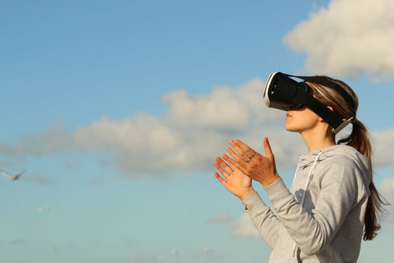 Woman wearing virtual reality headset in the sky, exploring a new technology
