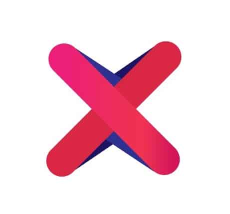 Intersecting red and blue shapes forming an 'X' symbol against a white background
