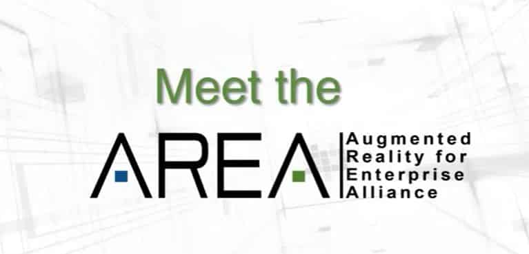 Meet the Augmented Reality for Enterprise Alliance (AREA) logo, featuring the text 'Meet the AREA' against a blurred background