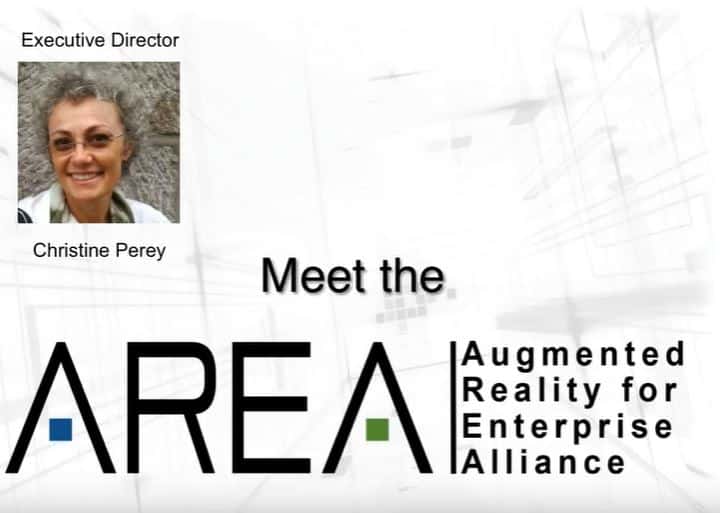 Portrait photo of a smiling woman with gray hair. Text on the image says 'Meet the AREA Augmented Reality for Enterprise Alliance'.