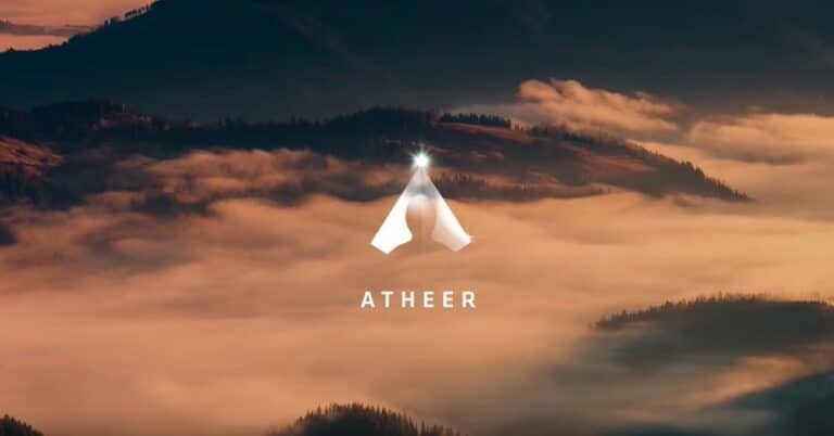 A scenic image of mountains shrouded in fog at sunset, with the Atheer logo in the center
