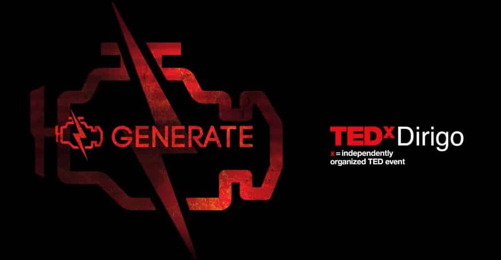 A red and black image depicting the 'Generate' logo and 'TEDxDirigo' text, indicating an independently organized TED event