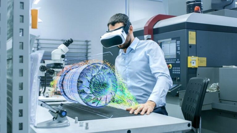 An engineer wearing virtual reality headset examining a 3D model of a complex machine part in a high-tech manufacturing lab.