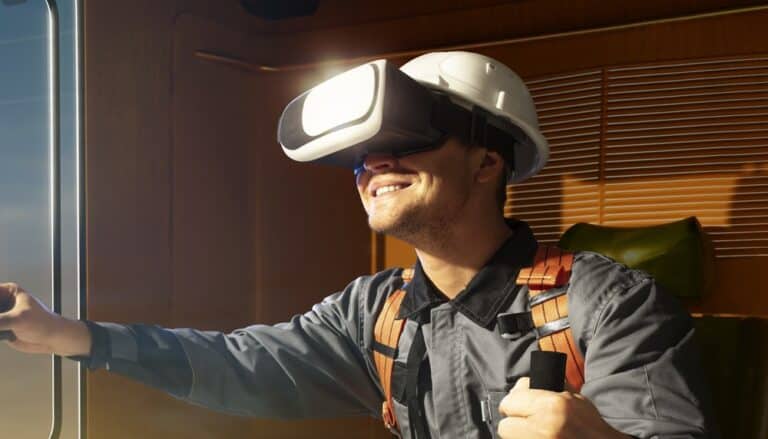 A person wearing a virtual reality headset and safety gear, exploring a digital environment in a construction or industrial setting.