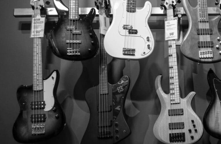 A black and white image showing a display of various electric bass guitars in a music store or showroom.