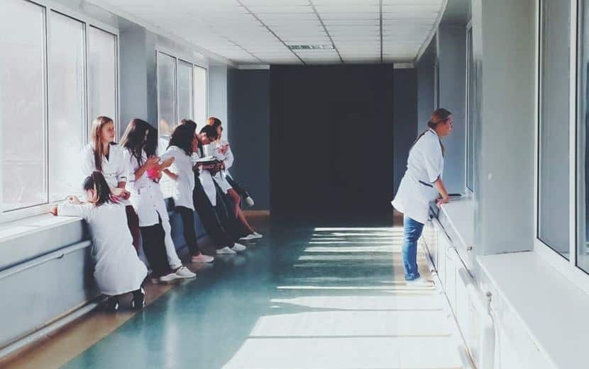 Group of medical professionals in a hospital corridor