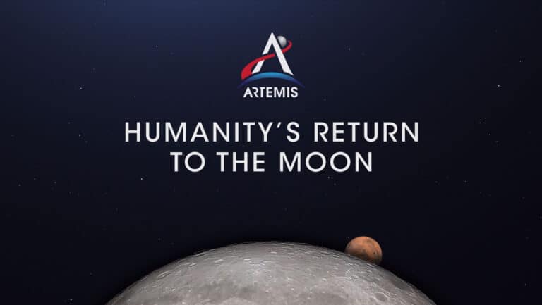Artemis logo and text 'Humanity's Return to the Moon' displayed on a background of the moon and stars