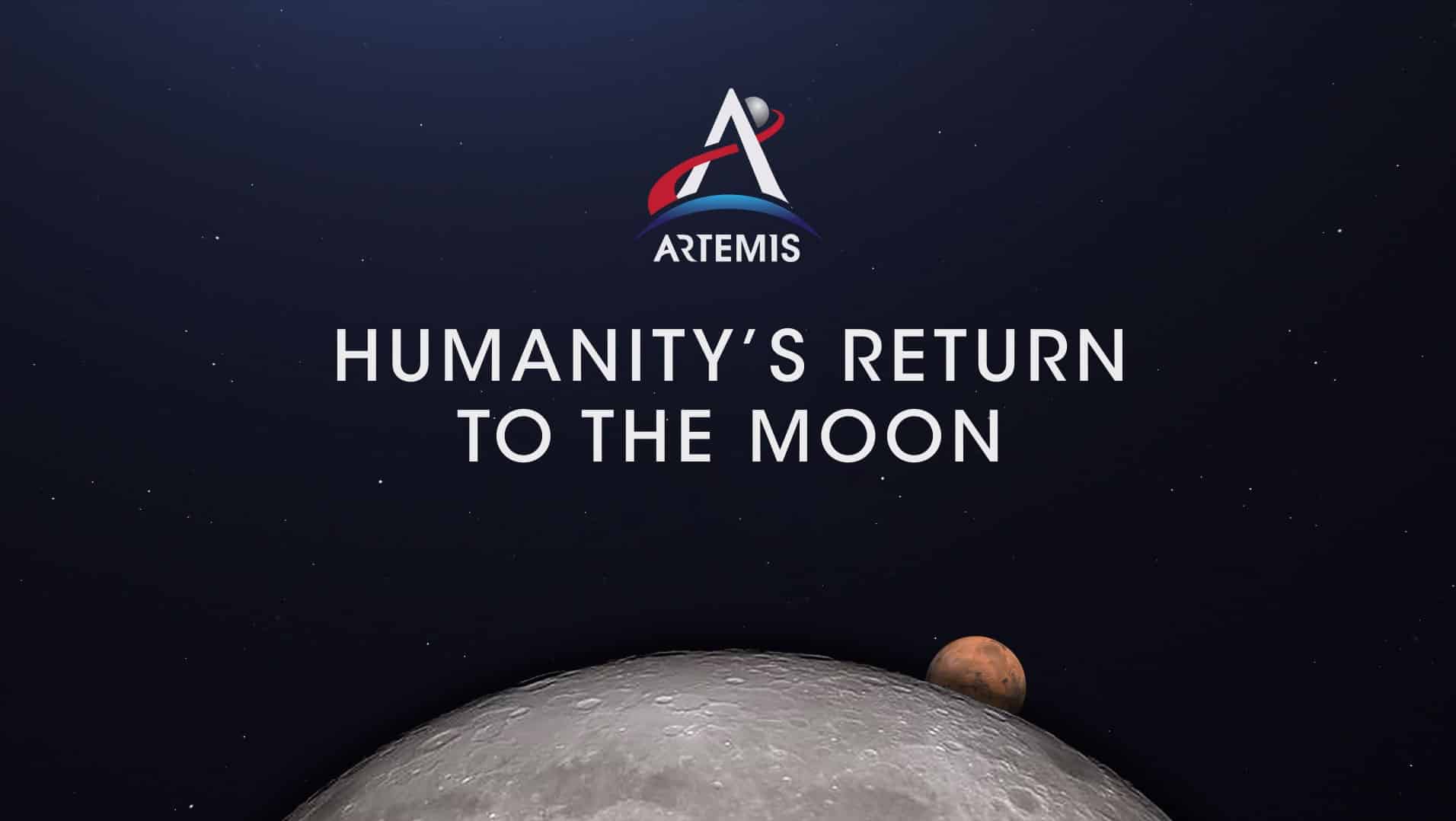 Artemis logo and text 'Humanity's Return to the Moon' displayed on a background of the moon and stars