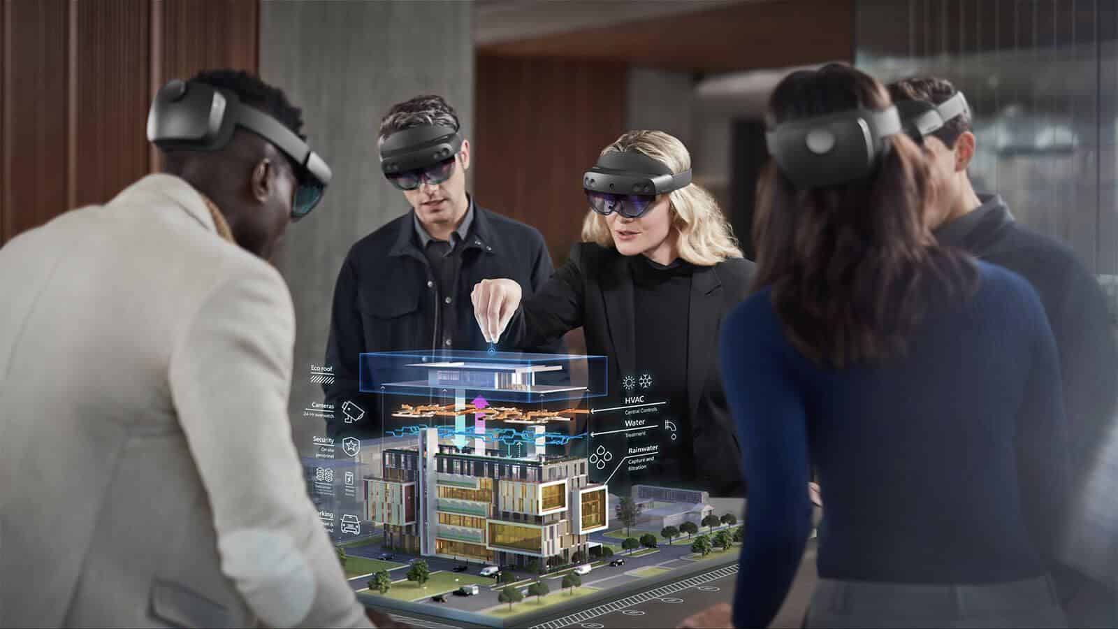 A group of people wearing virtual reality headsets are examining a 3D model of a building, illustrating the use of advanced technology in architecture and design.