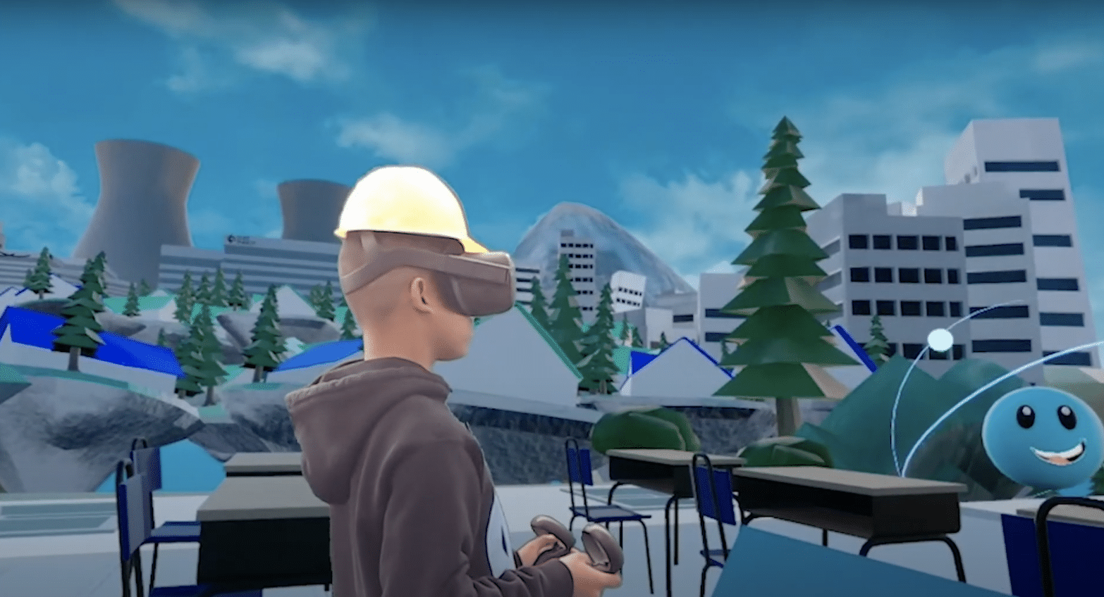 Virtual reality classroom with cartoon-like buildings, snowy landscape, and animated characters
