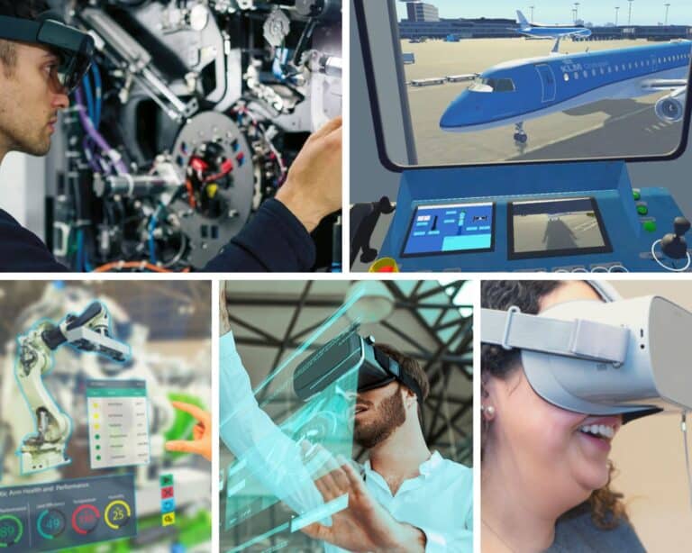 Collage of images showing aviation technology, including an aircraft cockpit, flight simulator, and a person using virtual reality goggles.