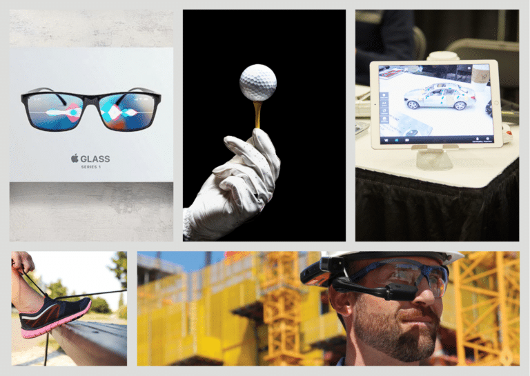 An image collage featuring various technology products, including augmented reality glasses, a golf ball on a tee, a tablet device, and a person wearing virtual reality headgear at a construction site.