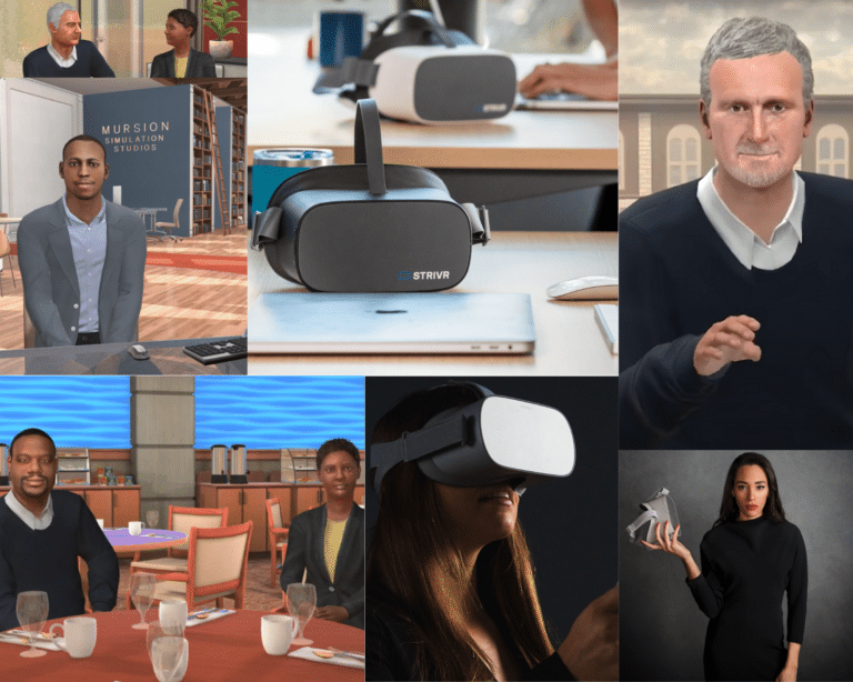 Collage of images related to virtual reality and simulation technology, including a VR headset, people using VR, and simulation studio environments.