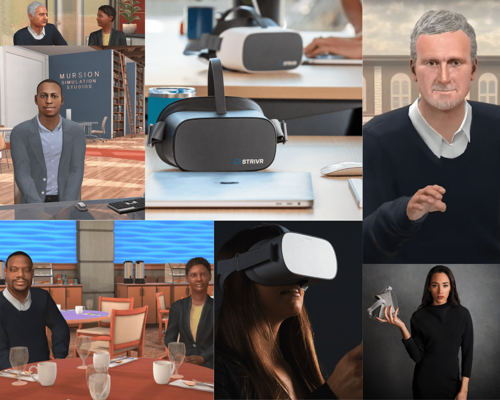 Collage of images related to virtual reality and simulation technology, including a VR headset, people using VR, and simulation studio environments.