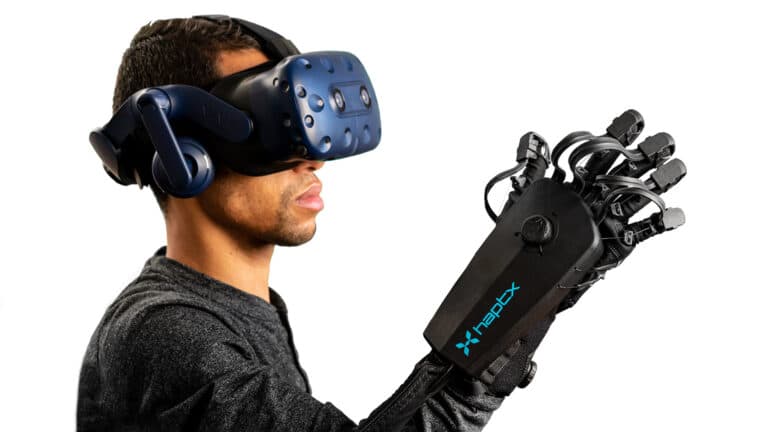 A person wearing a virtual reality headset and holding a motion controller, demonstrating immersive VR technology