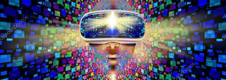 A person wearing virtual reality headset in a colorful, abstract digital landscape