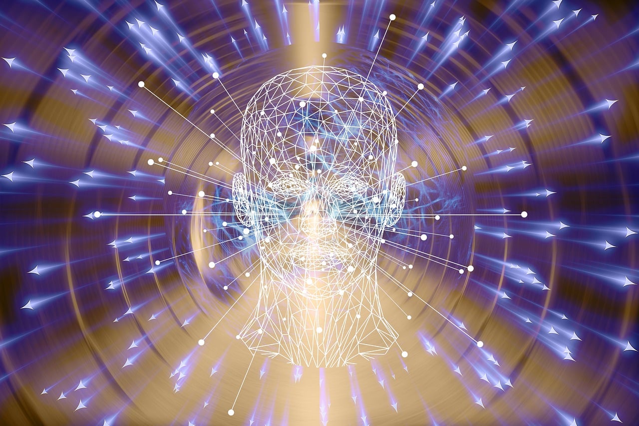 Futuristic wireframe figure with bright radial lights and energy beams in a cosmic, abstract background