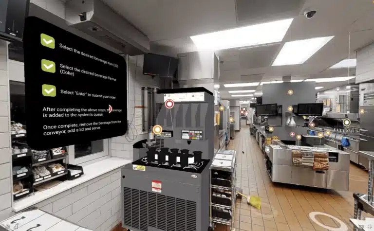 Interior of a commercial kitchen with various appliances, shelving, and a self-serve beverage station