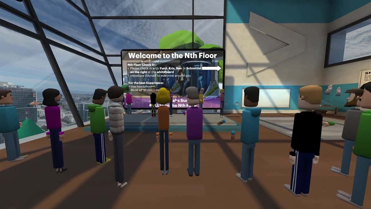 An image of a virtual room with a large display screen showing a welcome message for the Nth Floor. The room is filled with diverse cartoon-style figures interacting with each other.