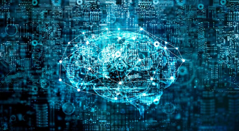 Digital brain illustration with electronic circuit board, technology, and artificial intelligence concepts
