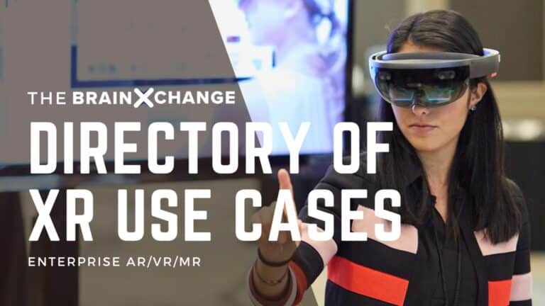 A woman wearing a virtual reality headset stands in front of a sign that reads 'The Brain Exchange Directory of XR Use Cases - Enterprise AR/VR/MR'
