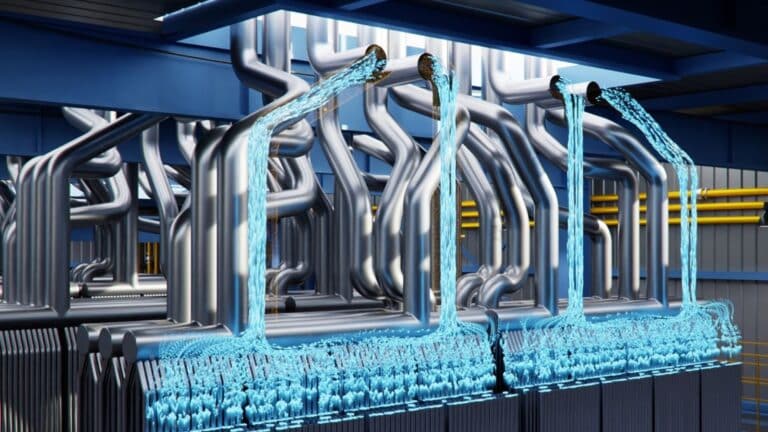 An abstract metal sculpture with flowing water streams