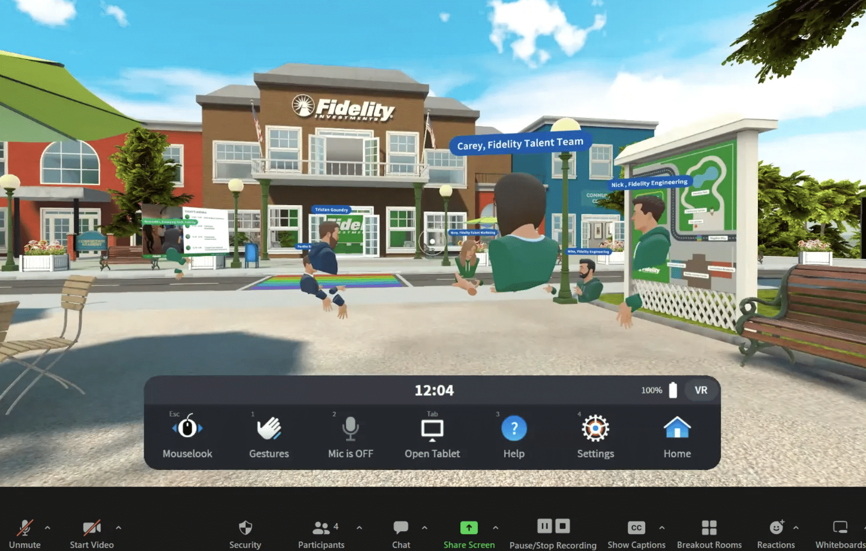 Virtual reality scene of a Fidelity Financial office building with signage, people, and outdoor landscaping