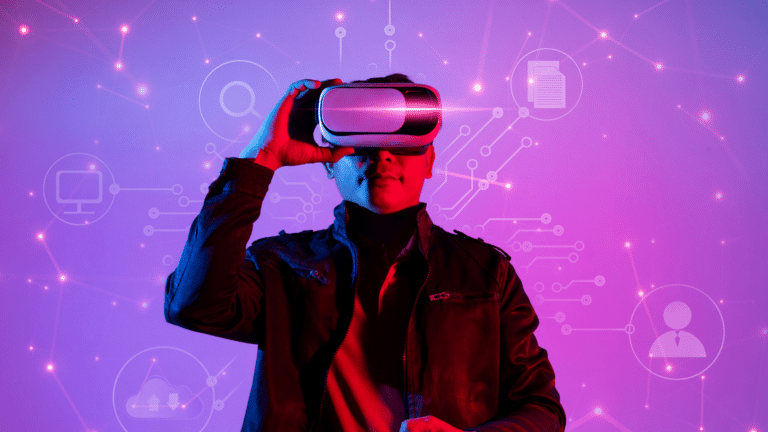 A person wearing a virtual reality headset in a futuristic, technology-themed setting with glowing purple and pink lights