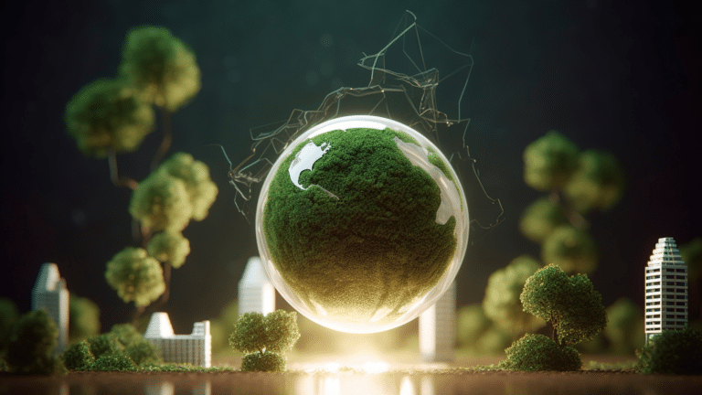 Miniature model of the earth surrounded by plants, buildings, and a glowing sphere