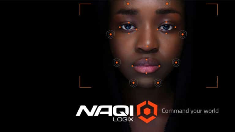 A close-up portrait of a young African woman with striking blue eyes against a dark background, overlaid with the NAQI LOGIX logo and the text 'Command your world'