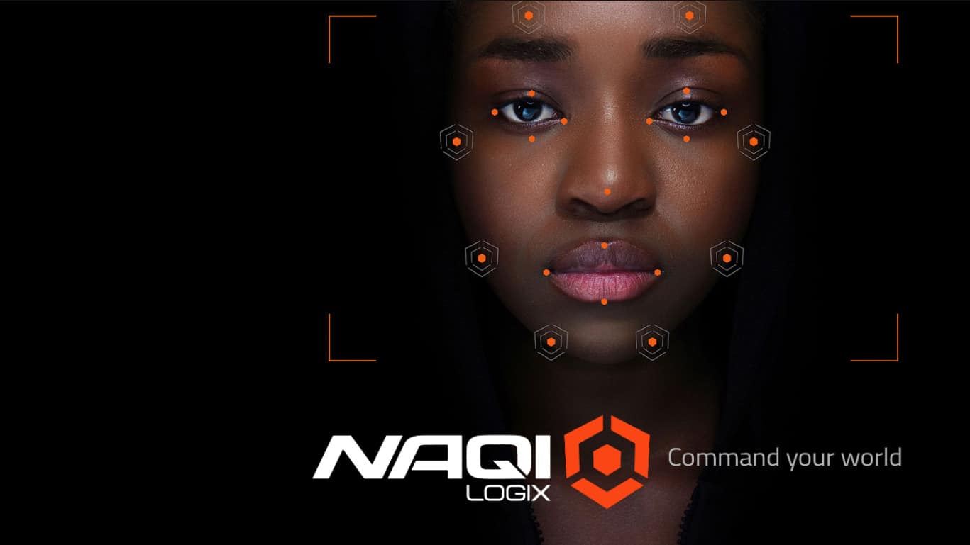 A close-up portrait of a young African woman with striking blue eyes against a dark background, overlaid with the NAQI LOGIX logo and the text 'Command your world'