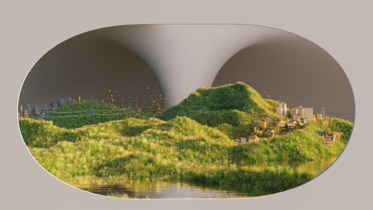 Scenic cityscape with lush green hills, buildings, and reflection in a body of water