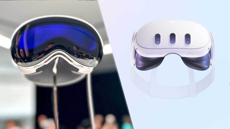 A pair of white virtual reality goggles and a pair of blue-tinted ski goggles reflecting an indoor scene