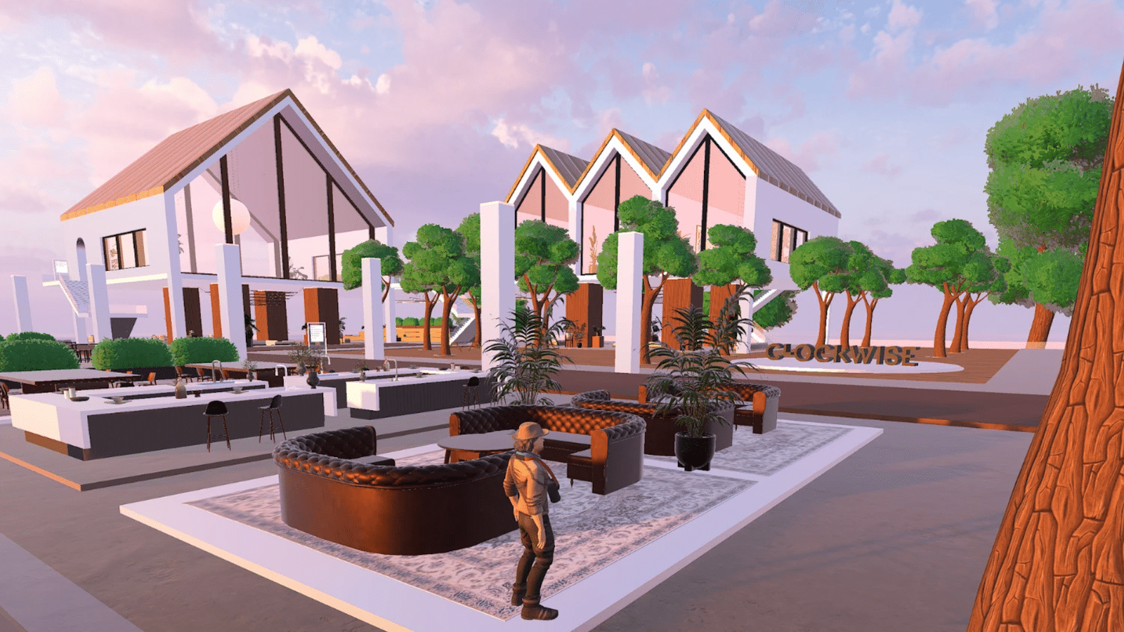 Rendering of a modern outdoor restaurant and lounge area with unique architectural structures, lush greenery, and comfortable seating
