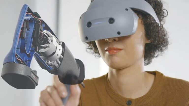 Person wearing virtual reality headset and playing a video game with a virtual reality controller in their hands
