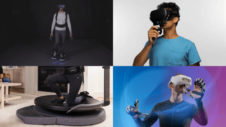Virtual reality equipment: person wearing VR headset and controls, a person on a VR platform, and a person using a VR headset