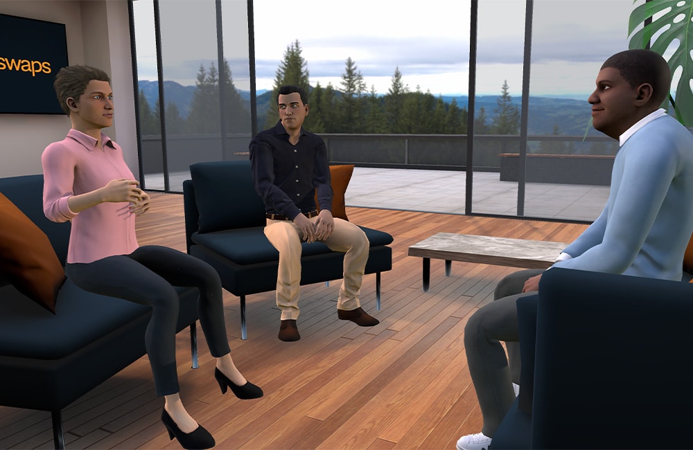 A group of people sitting in a modern office setting with a scenic outdoor view through large windows