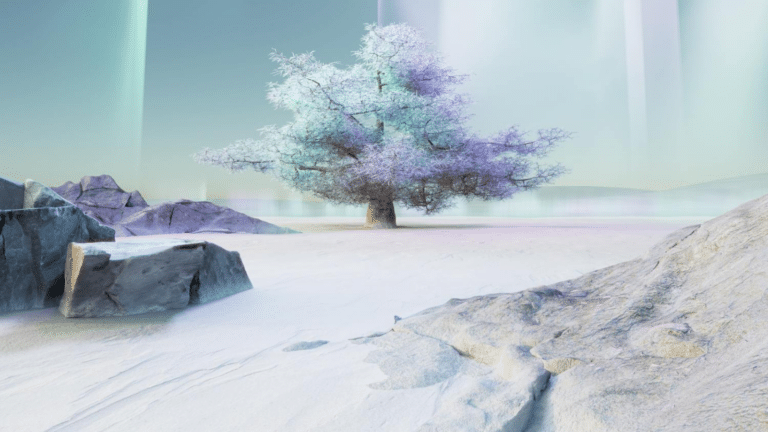 Snowy winter landscape with a vibrant purple and white tree