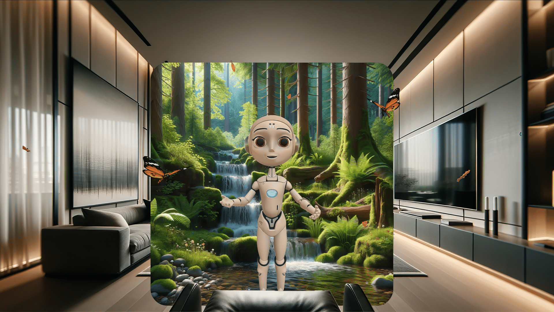 Whimsical robot in forest with waterfall, stream, and butterflies