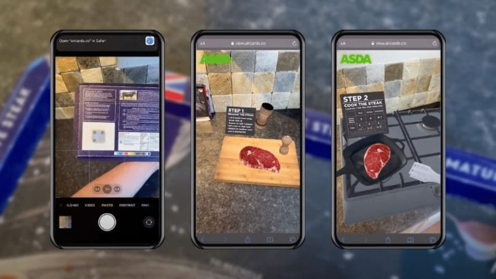 Mobile phone screens displaying images related to cooking steak, including instructions and an image of a raw steak on a cutting board
