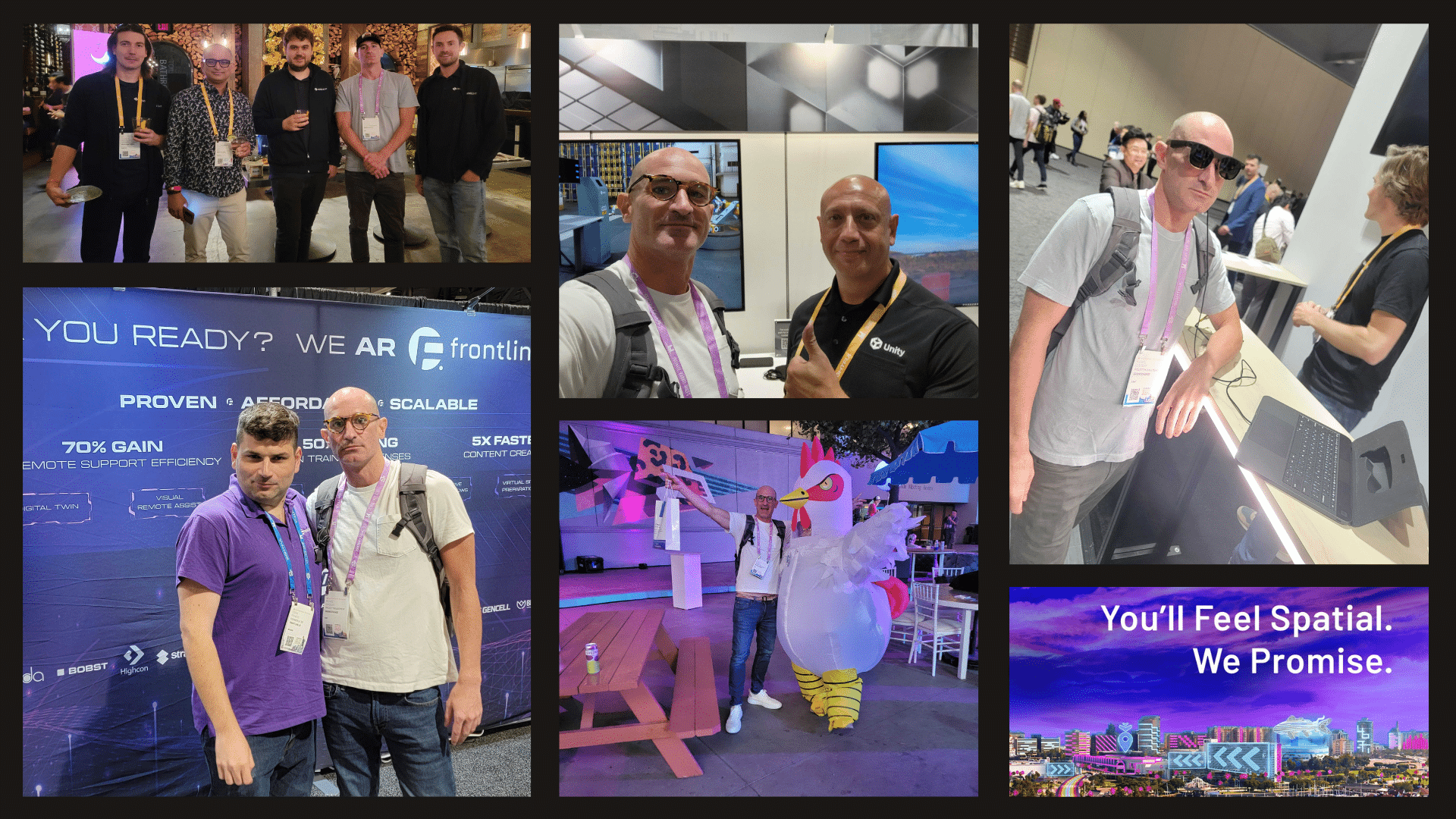 Image collage showing various scenes from a tech conference, including people in booths, a large promotional banner, and a futuristic-looking display with a large inflatable character.