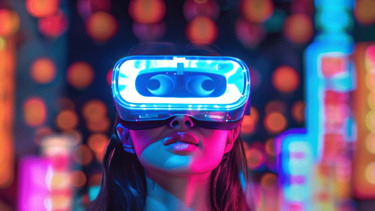 Woman wearing virtual reality headset with colorful lights in the background