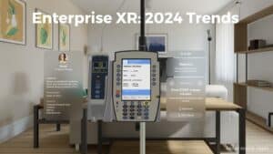 An image of a medical infusion device and a patient information screen in a home setting, showcasing Enterprise XR: 2024 Trends.