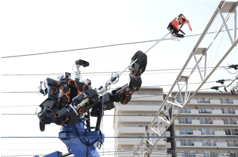 Robotic arm on construction site, holding a power tool and working on building structure