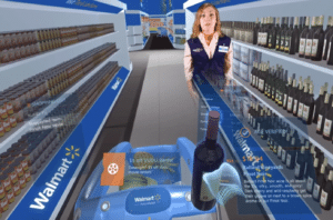 A Walmart employee standing in a Walmart grocery store aisle, surrounded by wine and other products, with text describing a Pinot Noir wine recommendation
