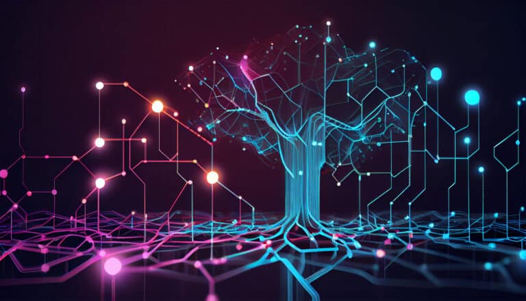 Colorful abstract image with a tree-like structure made of luminous lines, nodes, and connections representing a complex digital network or neural network