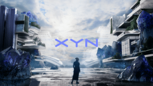 Futuristic sci-fi landscape with the XYNE logo and a silhouetted person standing in the center